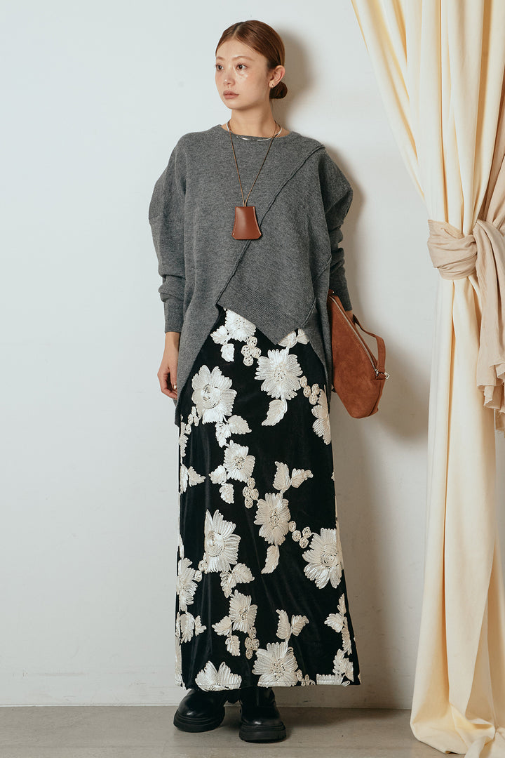 [SET]アシンメトリーデザインニットトップス+フラワー刺繍ワイドスカート(2set)