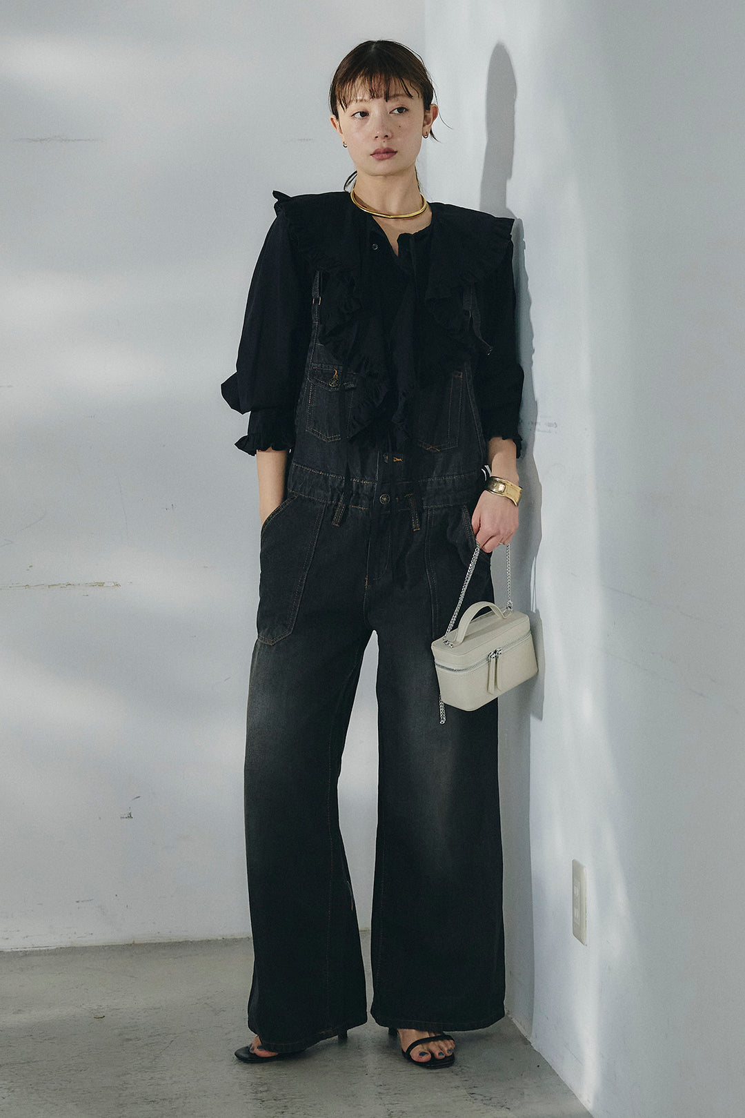 [SET]コットンフリルブラウス+デニムサロペットワイドパンツ(2set)