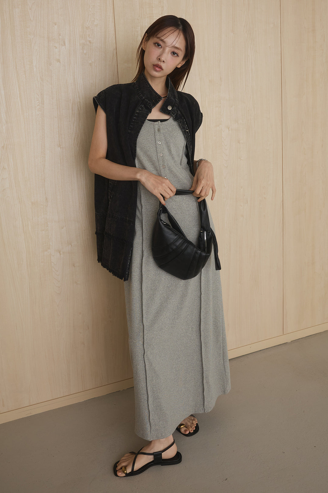 [SET]ケミカルデニムヘムカットオフジレ+ノースリロングワンピース(2set)