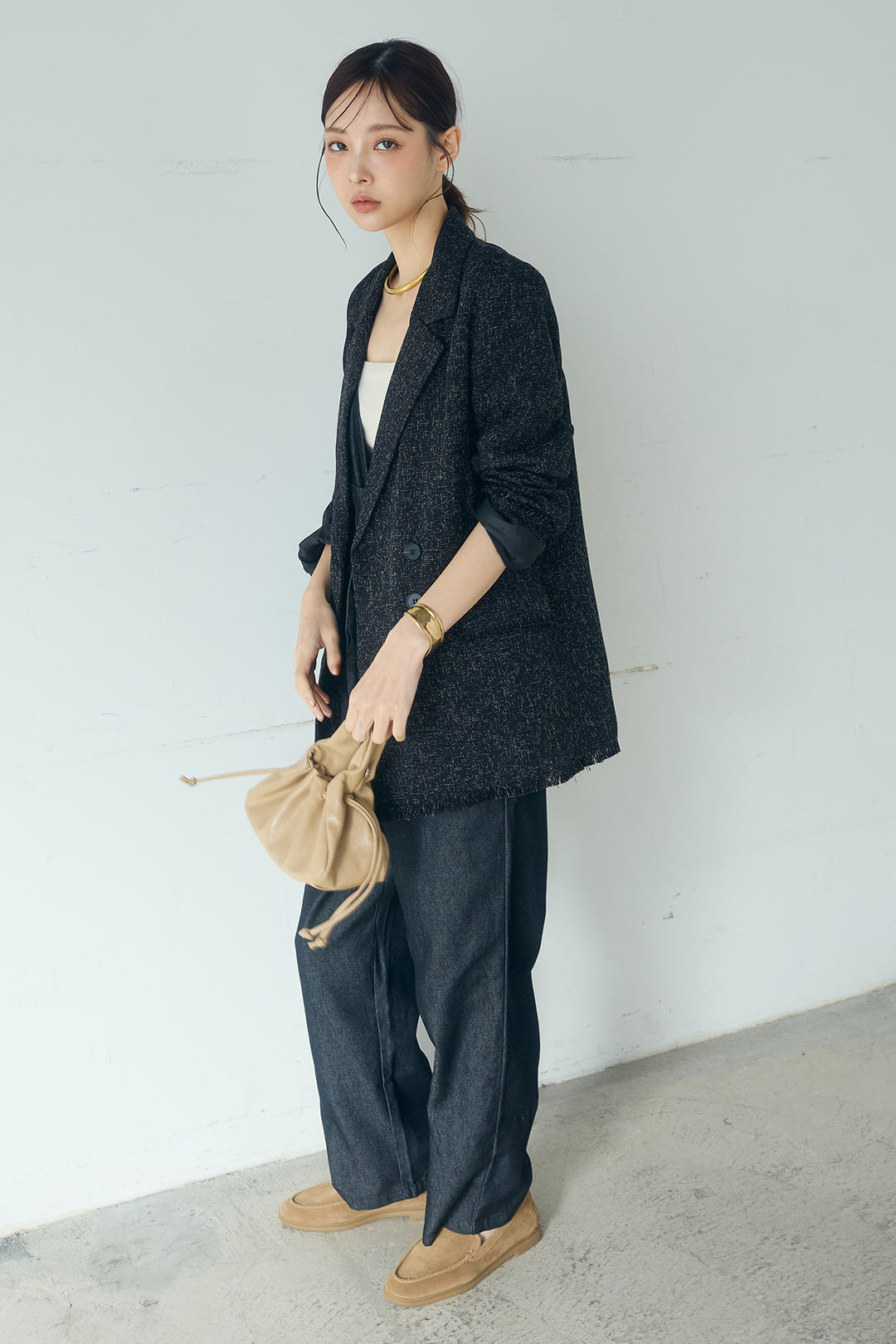 [SET]スラブネップツイードフリンジテーラードジャケット+デニムペプラムコンビネゾン(2set)
