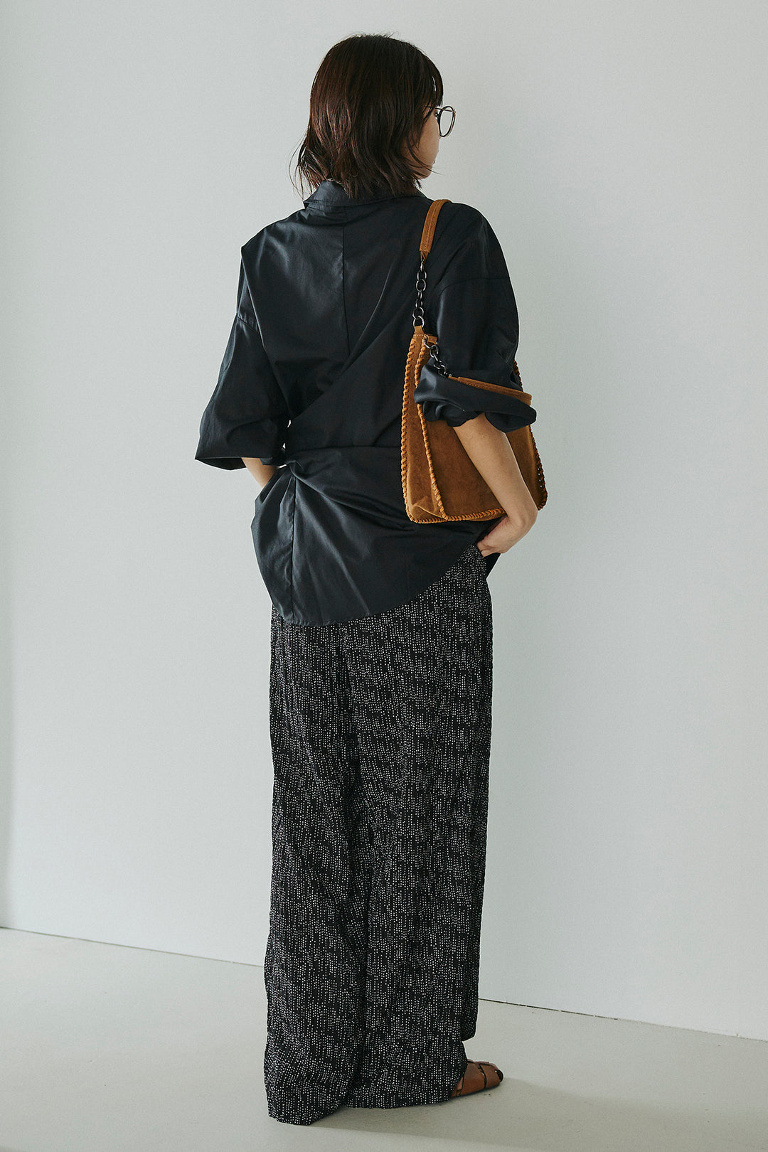 [SET]襟付き巻きデザインシャツ+シアーランダムドットラフパンツ(2set)