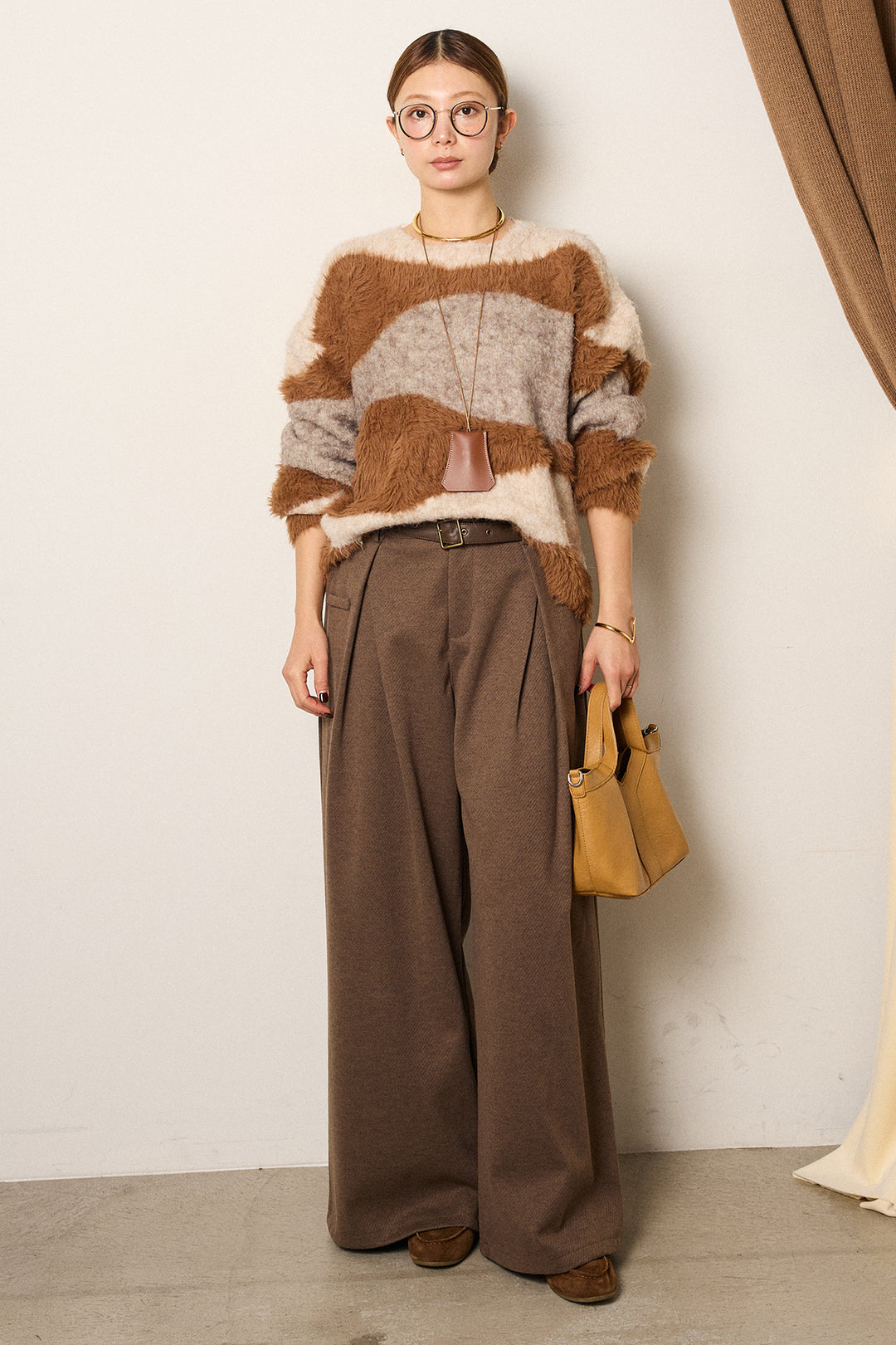 [SET]シャギーウェーブ柄クルーネックニットトップス+細ベルト付き起毛タックワイドパンツ(2set)