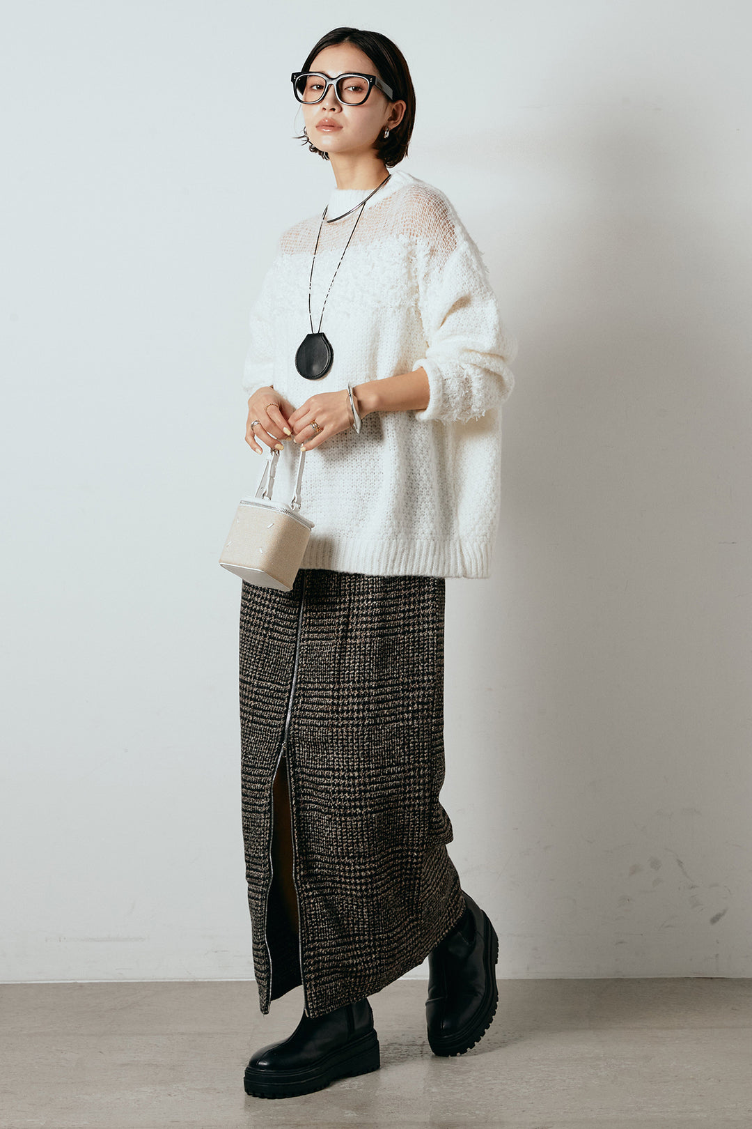 [SET]パターンランダム編みニットトップス+グレンチェック柄フロントジップタイトスカート(2set)