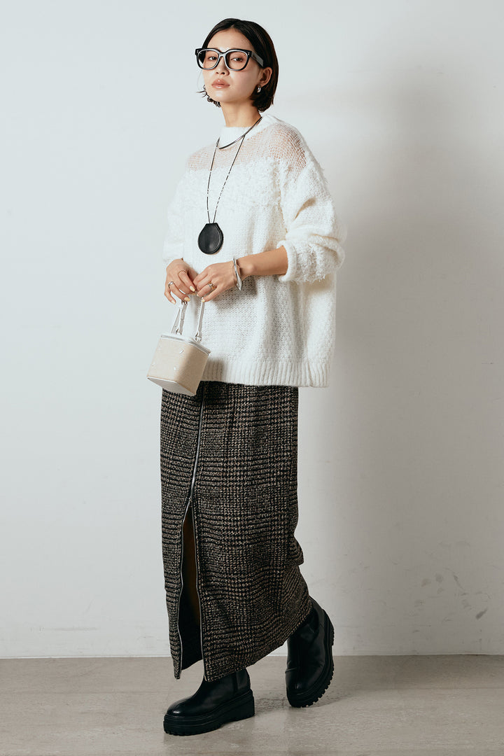 [SET]パターンランダム編みニットトップス+グレンチェック柄フロントジップタイトスカート(2set)