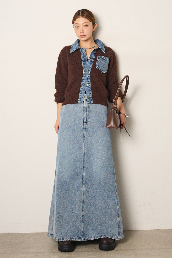 [SET]襟付きデニム切替ニットカーディガン+デニムロングフレアスカート(2set)