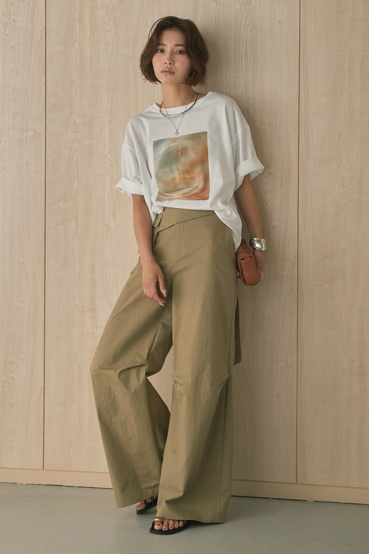 [SET]MarbleプリントTシャツ+ポケットベルト付きニーサイドタックパンツ(2set)