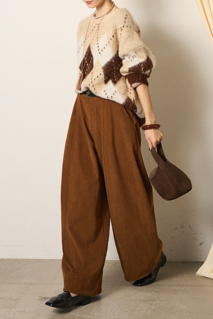 [SET]配色アーガイル柄ニットトップス+ベルト付きコーデュロイワイドパンツ(2set)