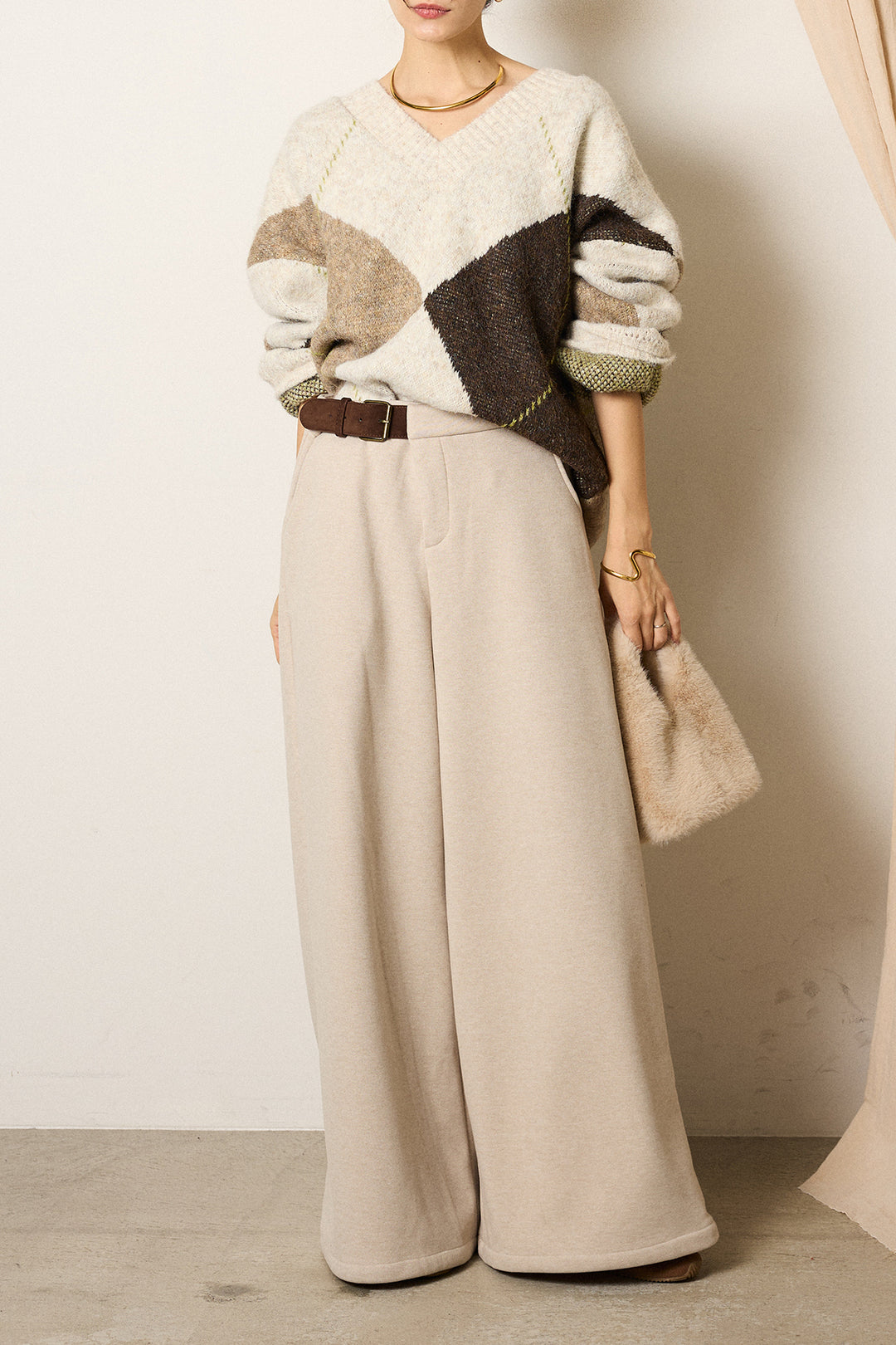 [SET]ルーズアーガイルVネックニット+サイドベルトパンツ(2set)