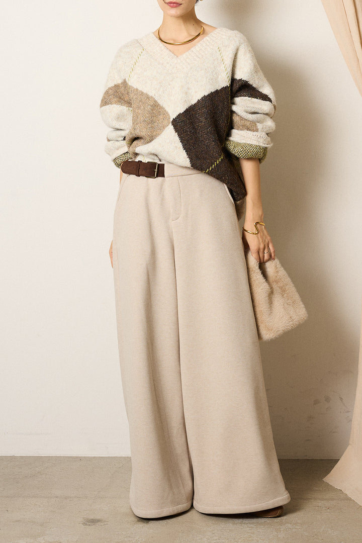 [SET]ルーズアーガイルVネックニット+サイドベルトパンツ(2set)