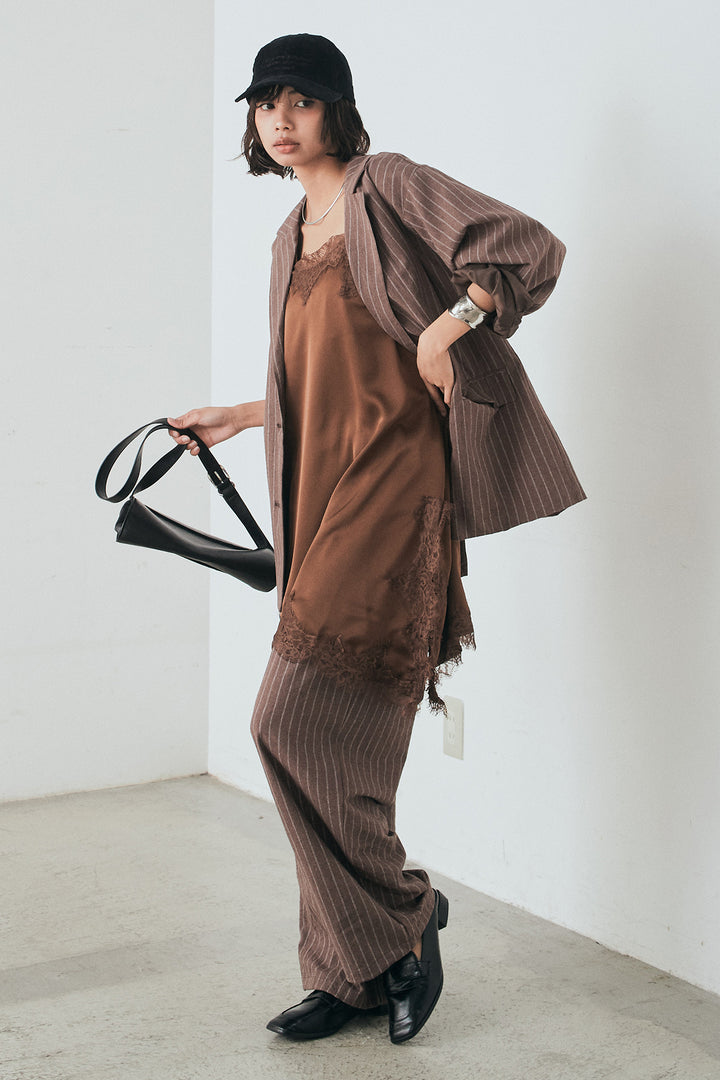 [SET]リネンライクストライプテーラードジャケット+リネンライクストライプタックイージーパンツ+サテンレースアシメキャミ(3set)