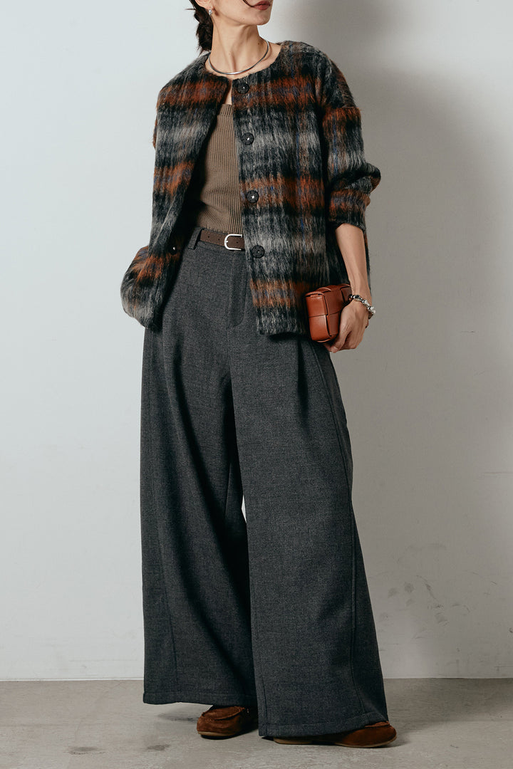 [SET]ノーカラーシャギーチェックアウター+ポーチベルト付きカーブパンツ(2set)