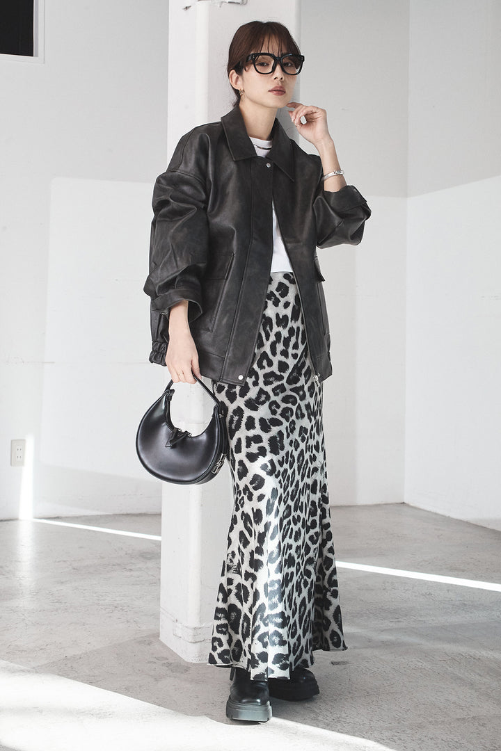 [SET]レザーライクオーバーサイズブルゾン+レオパードサテンナロースカート(2set)