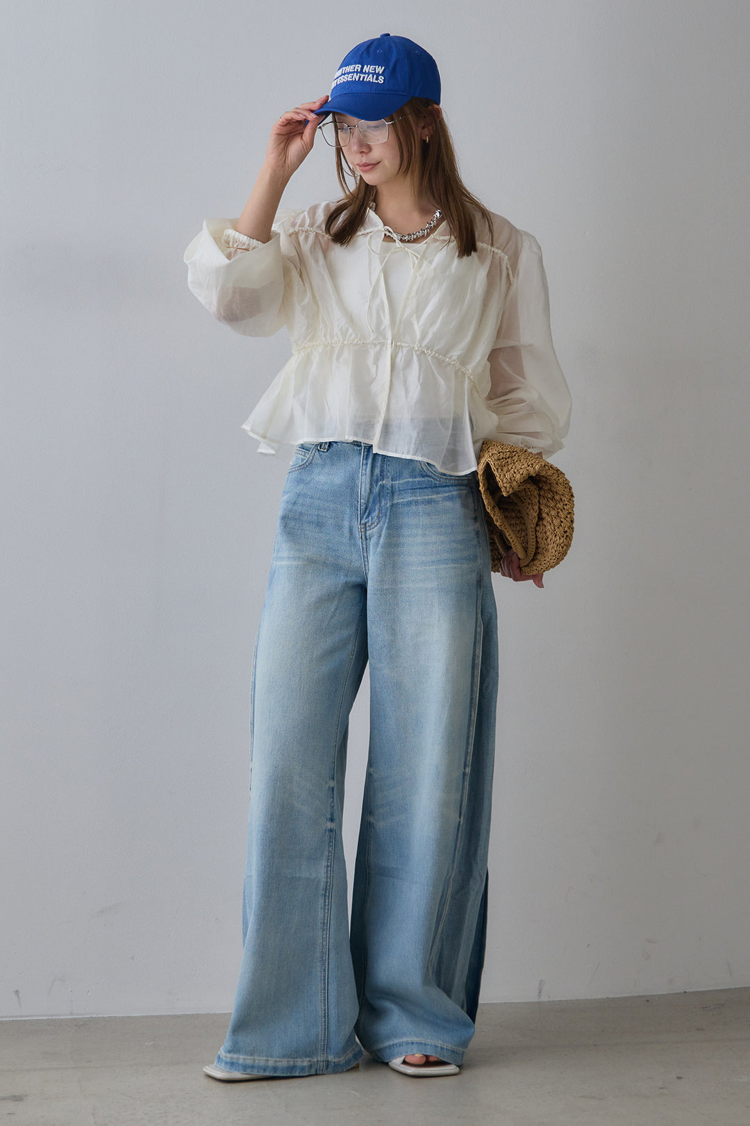 [SET]ウエストドロストシフォンブラウス+ストレートデニムパンツ(2set)