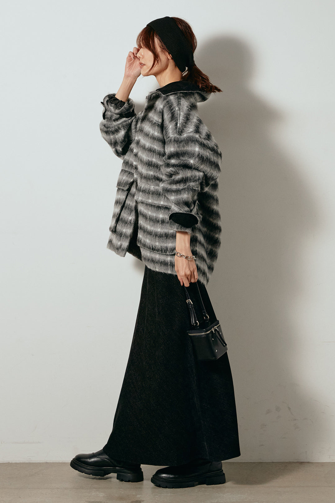 [SET]チェックシャギーミドルカバーオール+スウェードライクロングスカート(2set)