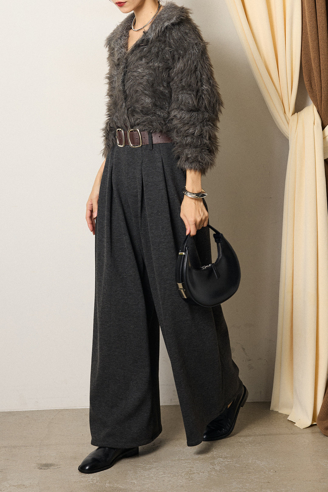 [SET]襟付きシャギーニットカーディガン+フェイクレザー太ベルト付きタックワイドパンツ(2set)