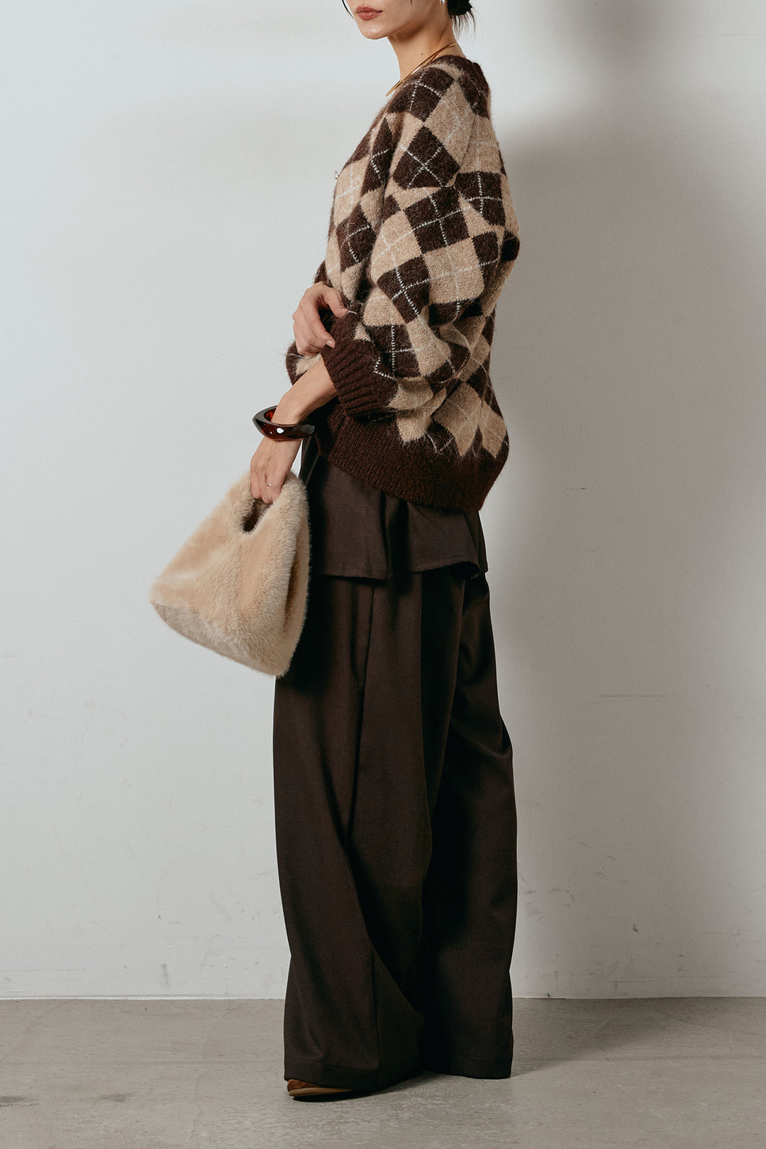 [SET]オーバーサイズ総柄Vネックニットカーディガン+ベルト付きウエストデザインパンツ(2set)