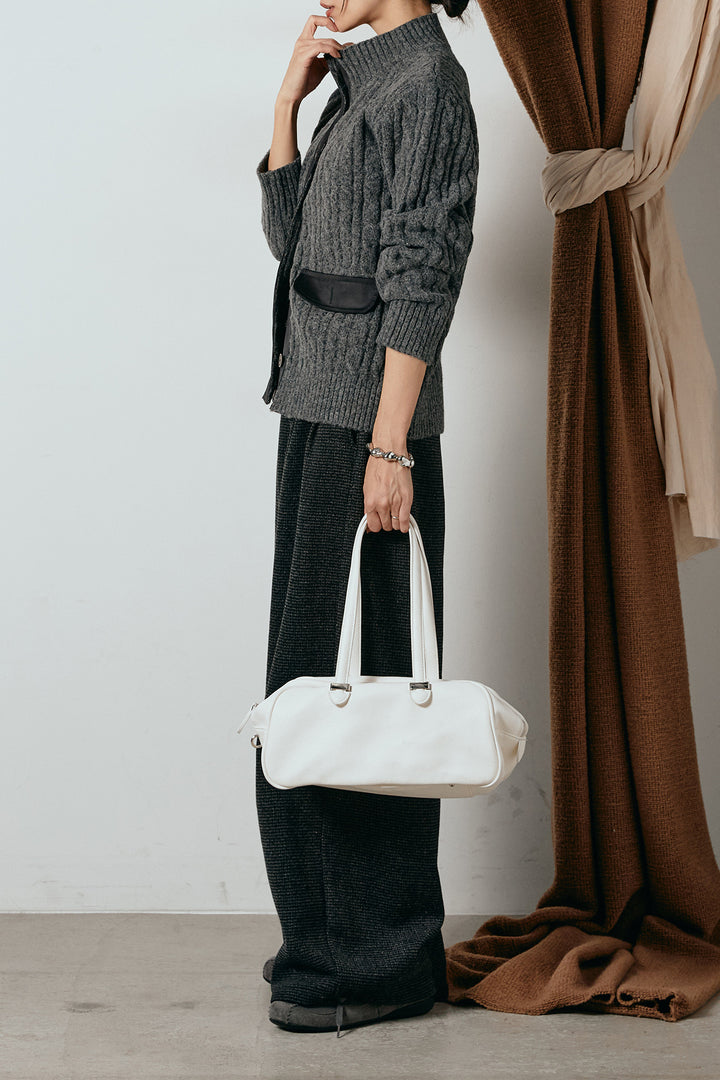 [SET]ボトルネックケーブルニットカーディガン+起毛タック入りツイードワイドパンツ(2set)