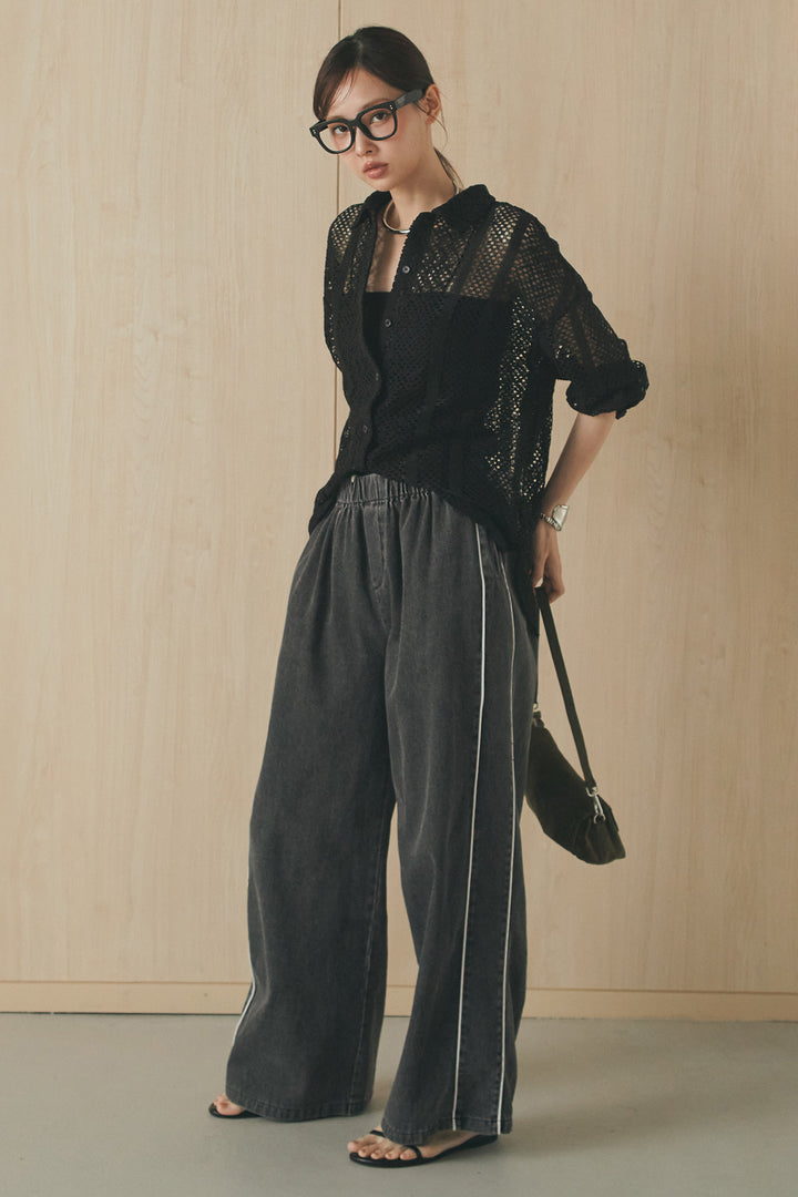 [SET]長袖襟付きレースシャツ+ドロストサイドラインデニムパンツ(2set)