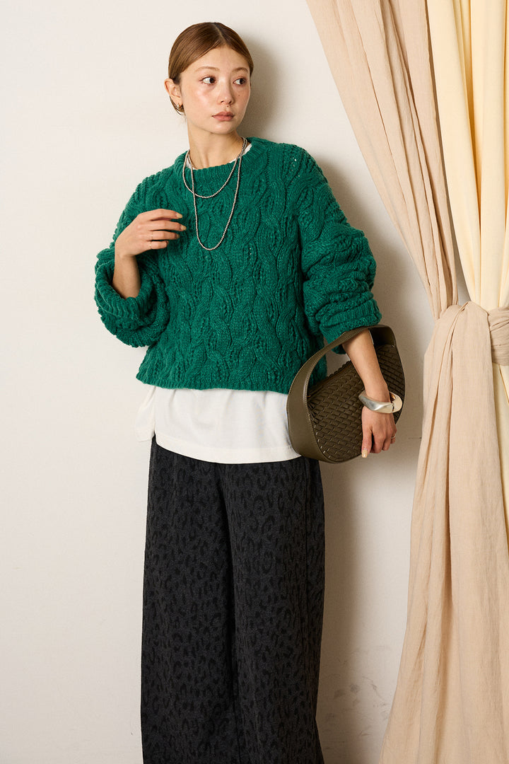 [SET]ケーブルリラックスショートニット+レオパードジャガードニットパンツ(2set)