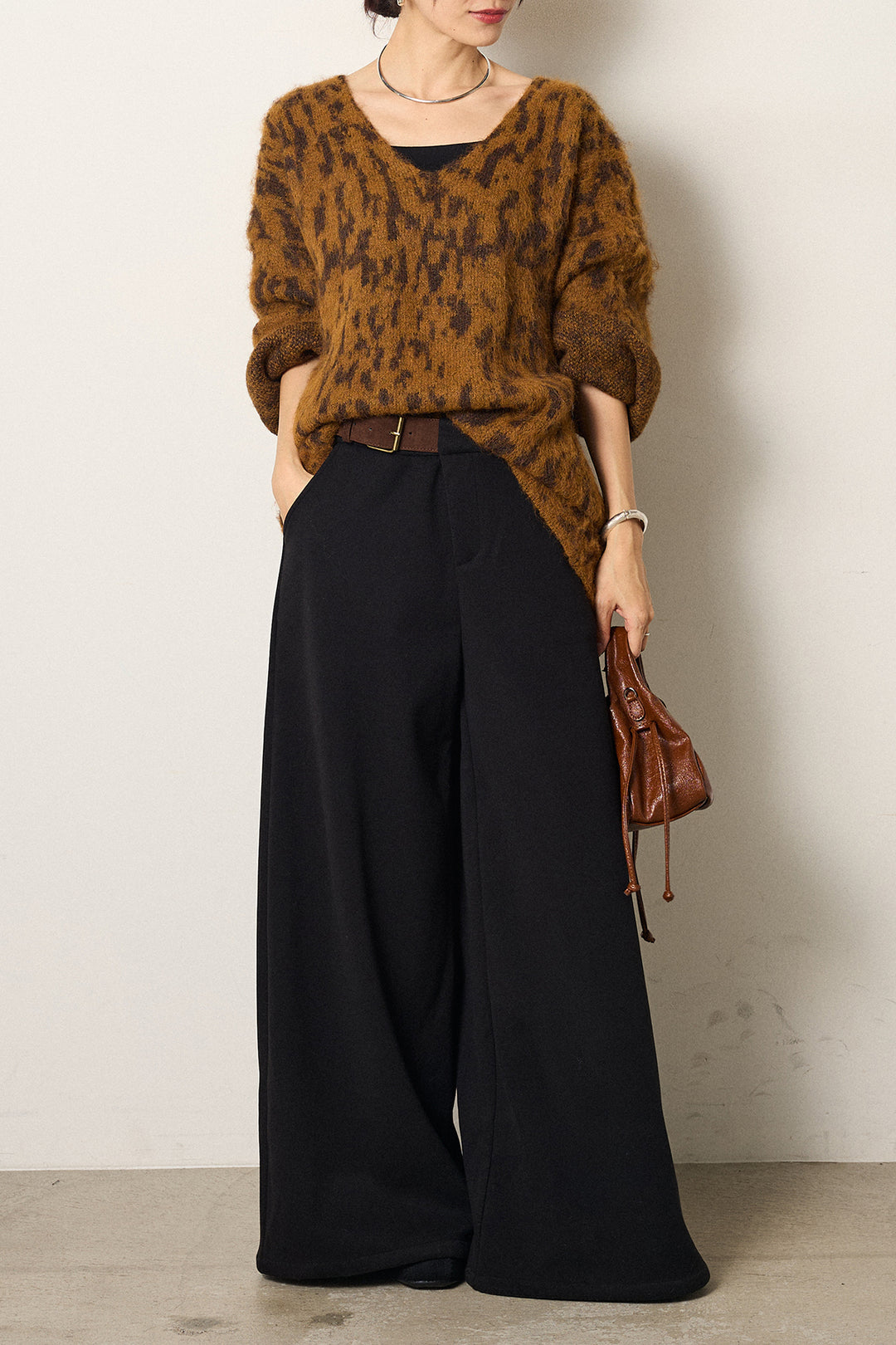 [SET]フラッフィーレオパードシャギーニット+サイドベルトパンツ(2set)
