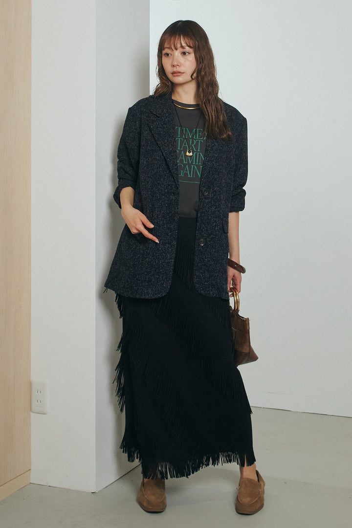 [SET]ミックスツイードベルト付きジャケット+斜めフリンジデザインスカート(2set)