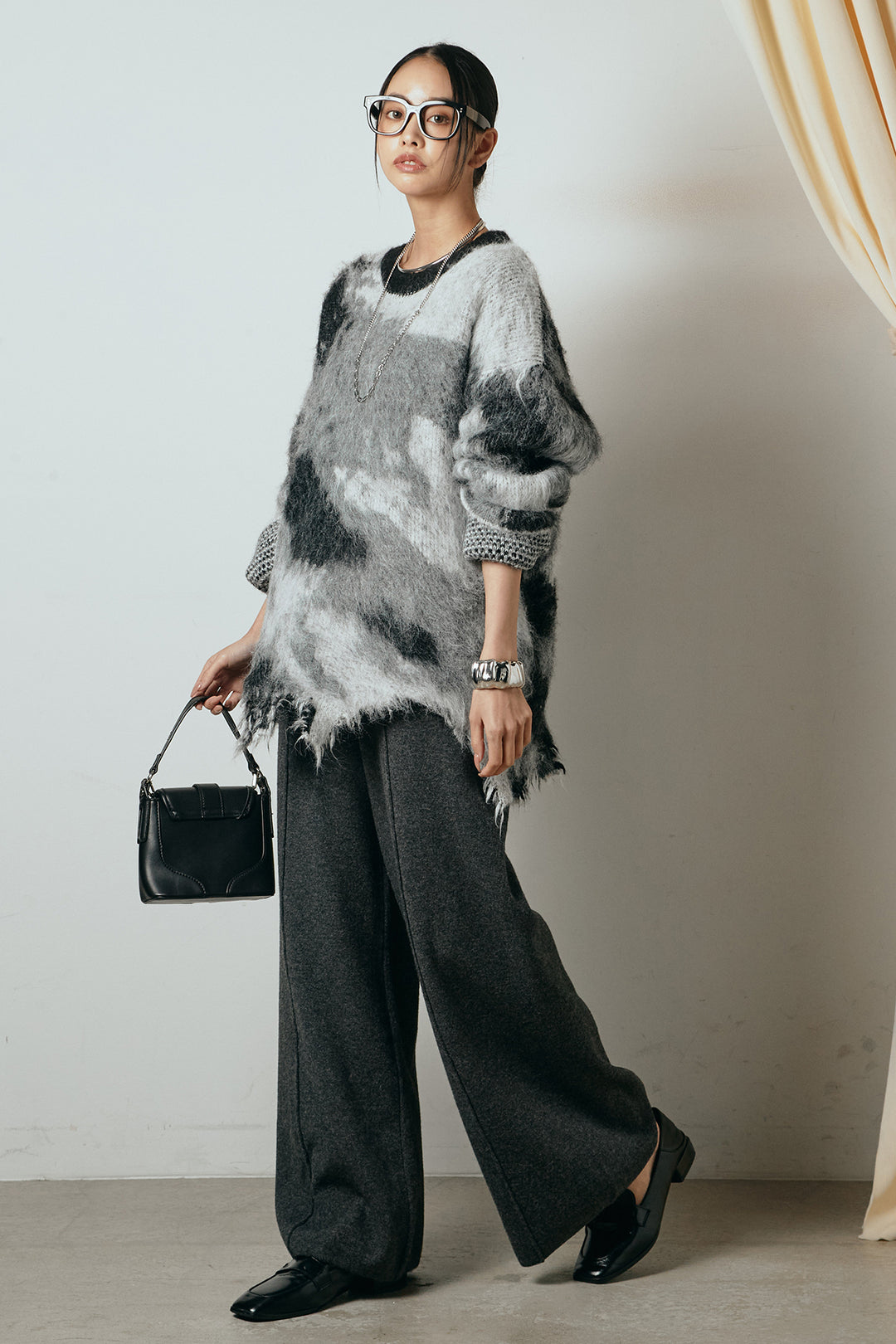 [SET]起毛裾デザインニュアンス柄ニットトップス+センターラインニットパンツ(2set)