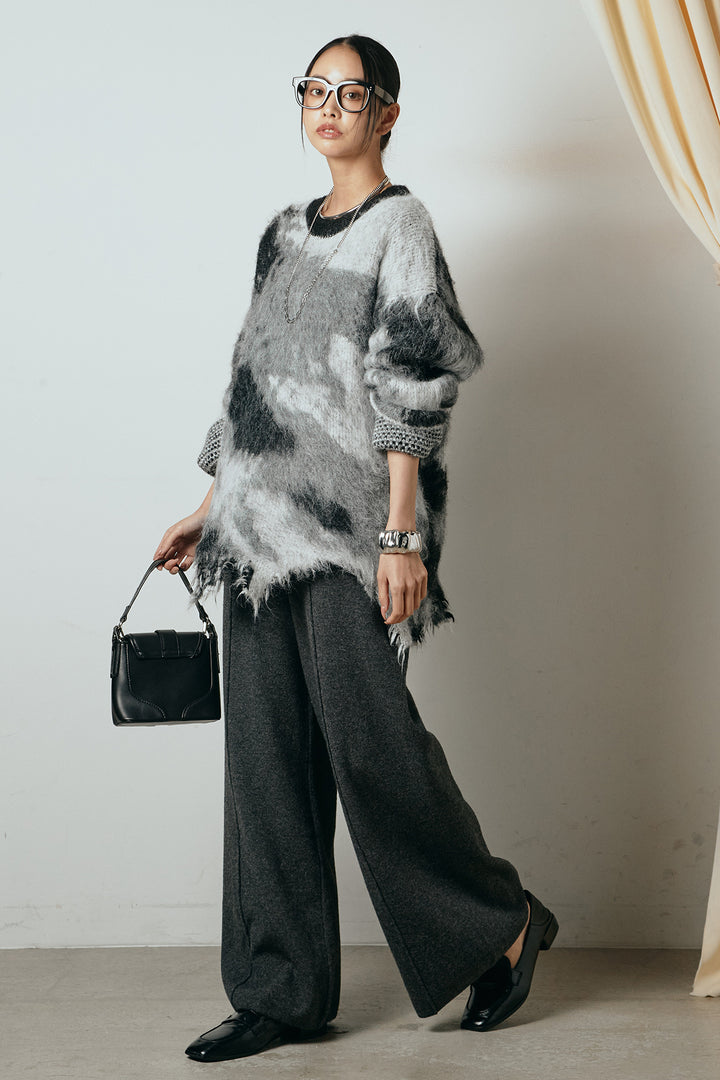 [SET]起毛裾デザインニュアンス柄ニットトップス+センターラインニットパンツ(2set)