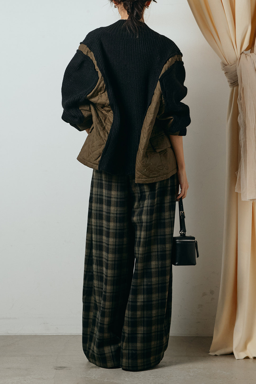 [SET]キルティング切り替えニットカーディガン+ベルト付きタータンチェックカーブワイドパンツ(2set)