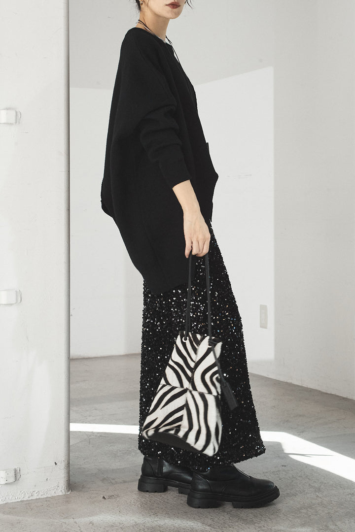 [SET]アシンメトリーデザインニットトップス+スパンコールニットワイドスカート(2set)