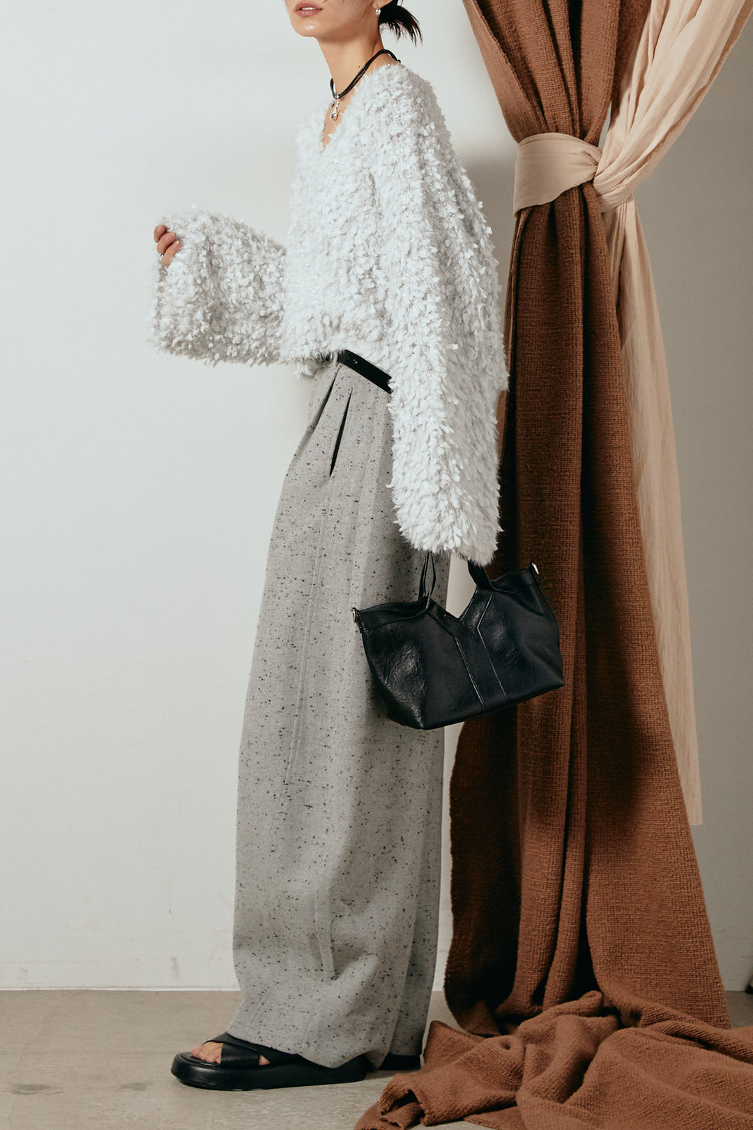 [SET]深Vネックチョウチョヤーンニットトップス+ベルト付きネップツイードカーブパンツ(2set)