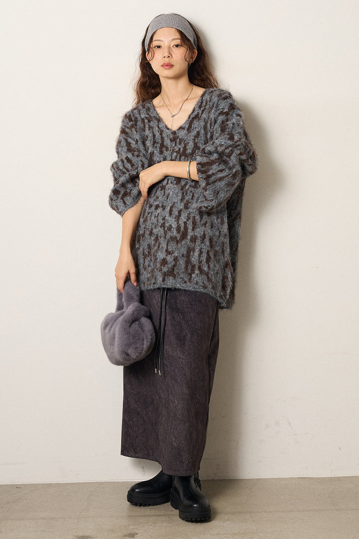 [SET]フラッフィーレオパードシャギーニット+ロープベルト付きスウェード調スカート(2set)