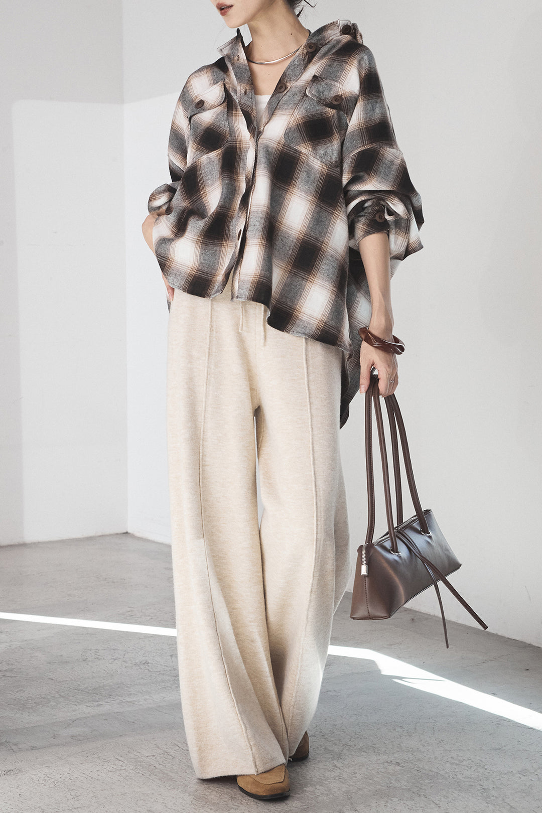 [SET]オンブレーチェックビッグシルエットCPOシャツ+センターラインニットパンツ(2set)