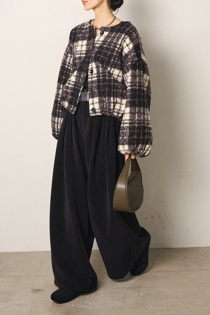 [SET]ノーカラーチェック柄ボアブルゾン+ベルトループコーデュロイワイドパンツ(2set)