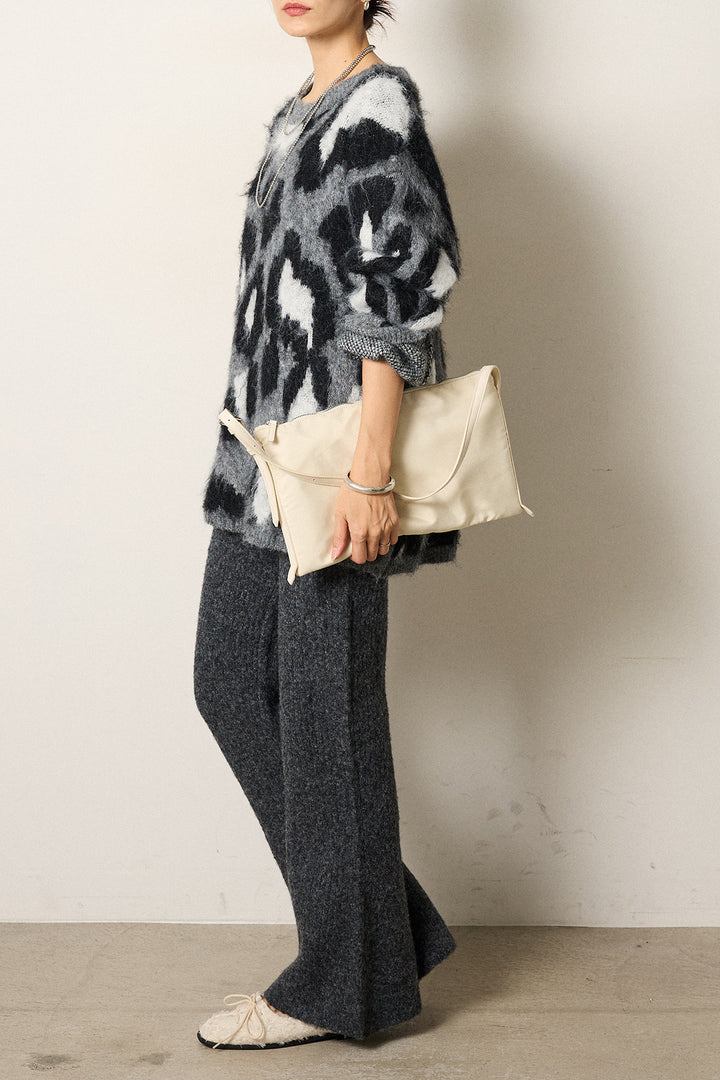 [SET]ルーズアニマルモヘアニットトップス+杢ニットリブフレアパンツ(2set)