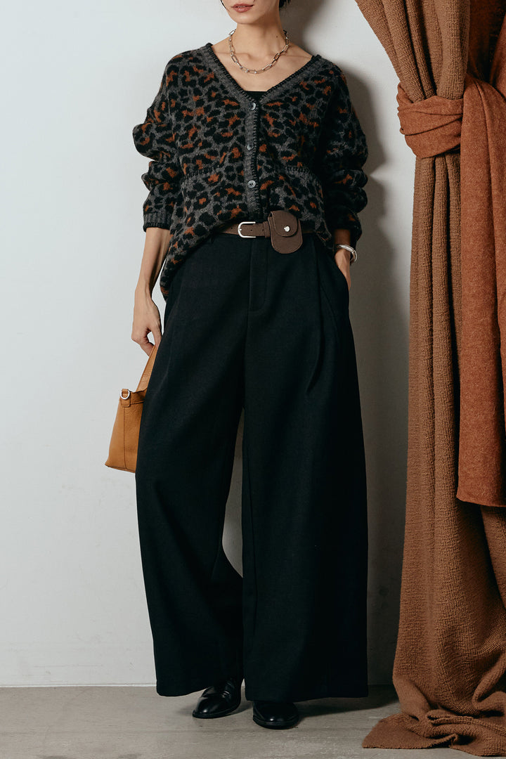 [SET]ステッチデザインレオパードニットカーディガン+ポーチベルト付きカーブパンツ(2set)