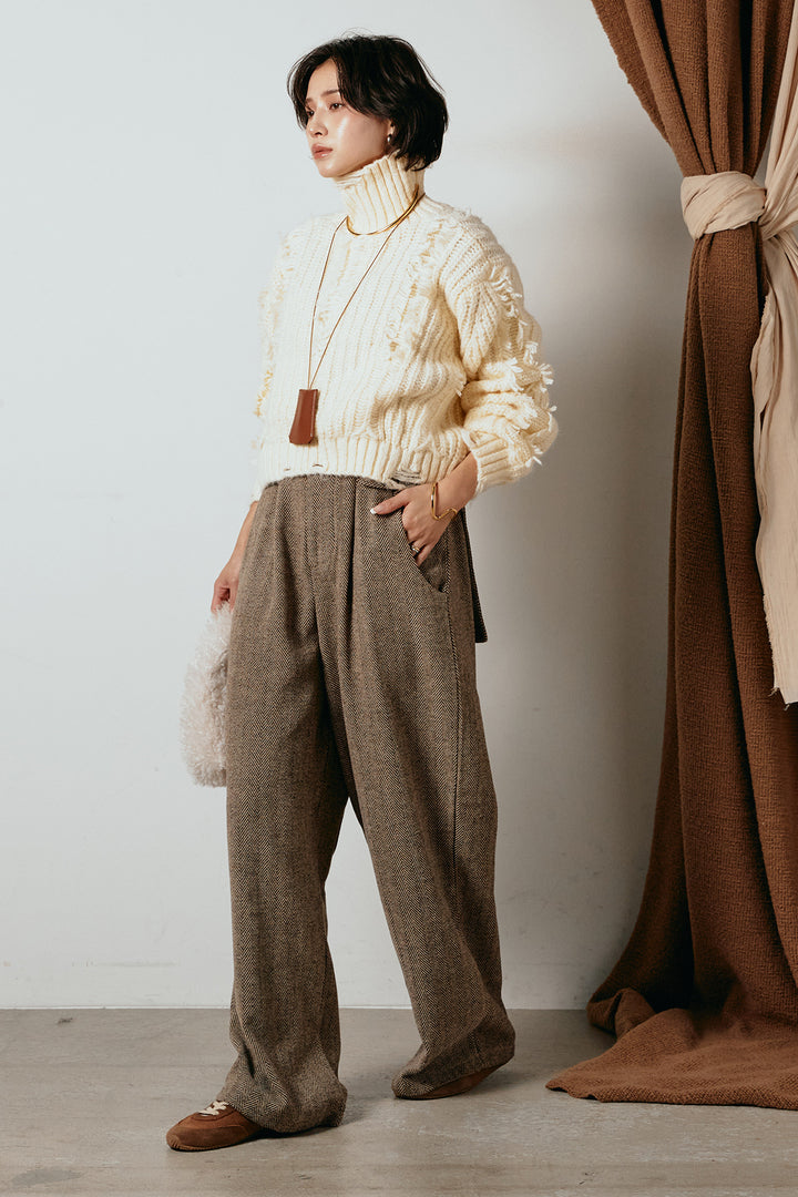 [SET]フリンジタートルショートニット+クラシックヘリンボーンサロペット(2set)