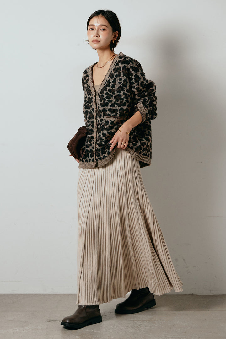 [SET]ステッチデザインレオパードニットカーディガン+リブニットフレアスカート(2set)