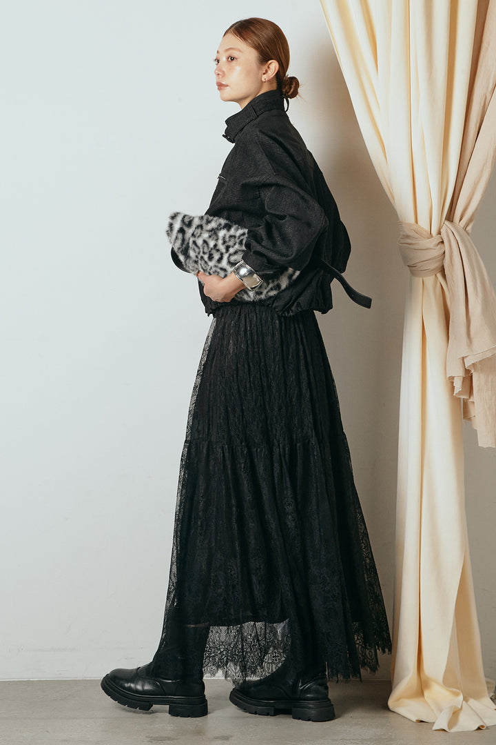 [SET]デニム調ハイネックブルゾン+ひげレース切替ロング丈スカート(2set)