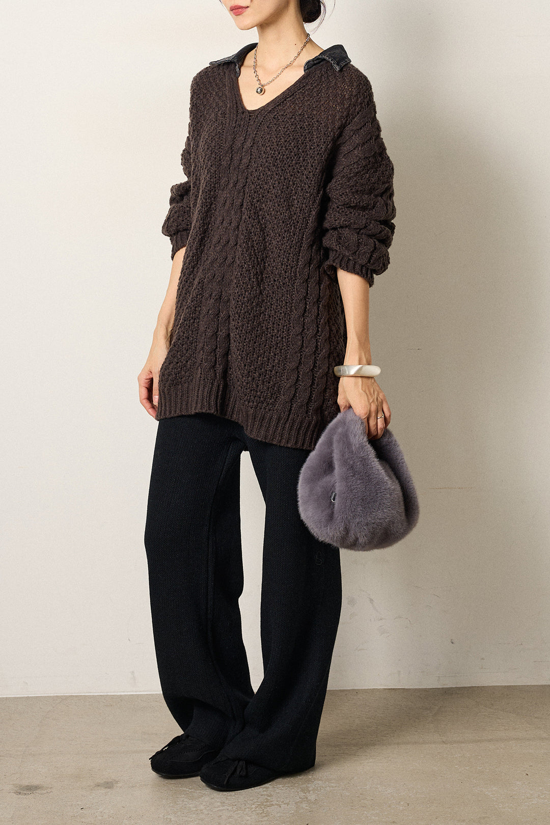 [SET]デニムカラーケーブルオーバーニット+ワイドリブニットイージーパンツ(2set)