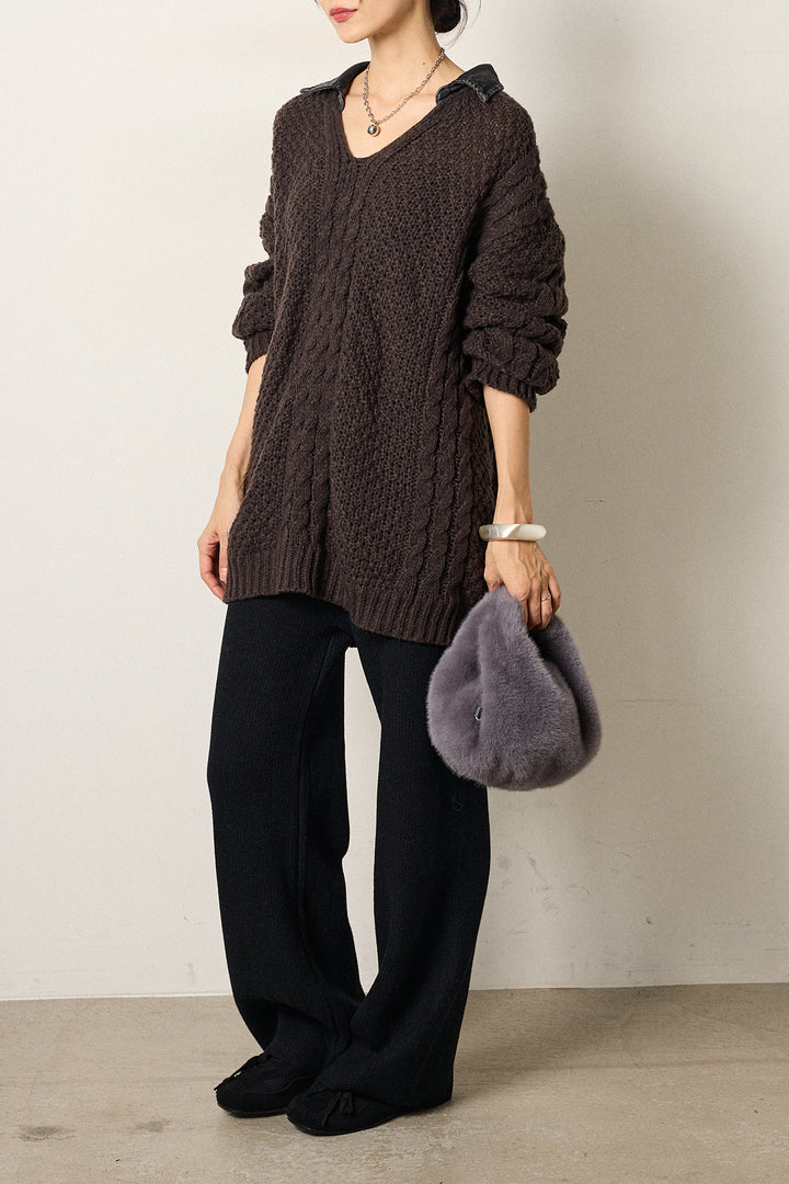 [SET]デニムカラーケーブルオーバーニット+ワイドリブニットイージーパンツ(2set)