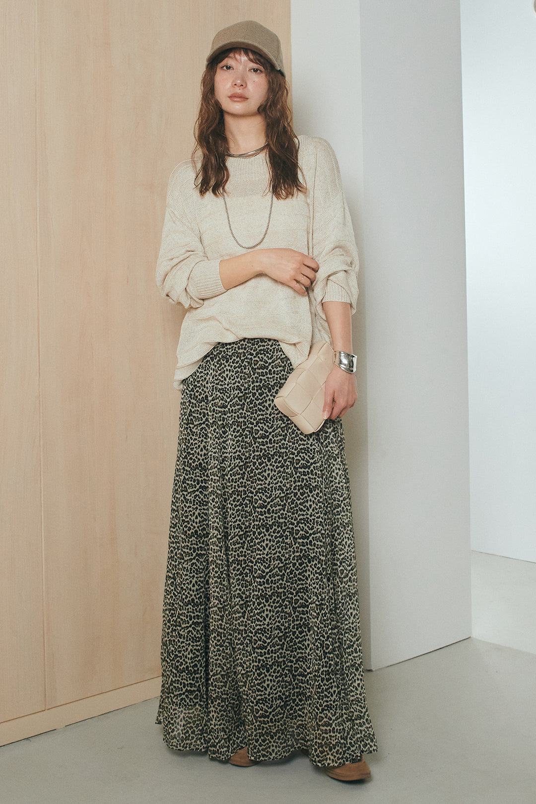 [SET]麻混リラックスニットトップス+リラックスレオパードロングスカート(2set)