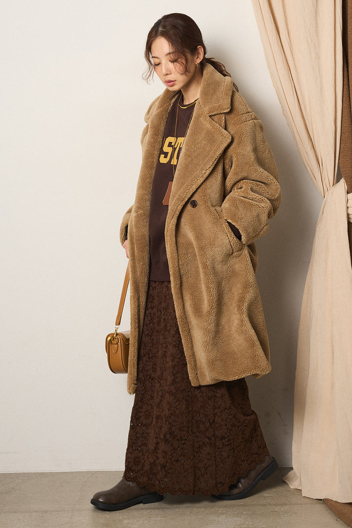 [SET]テディボアロングコート+ロゴデザインルーズスウェット+花柄刺繍ベロアフレアスカート(3set)