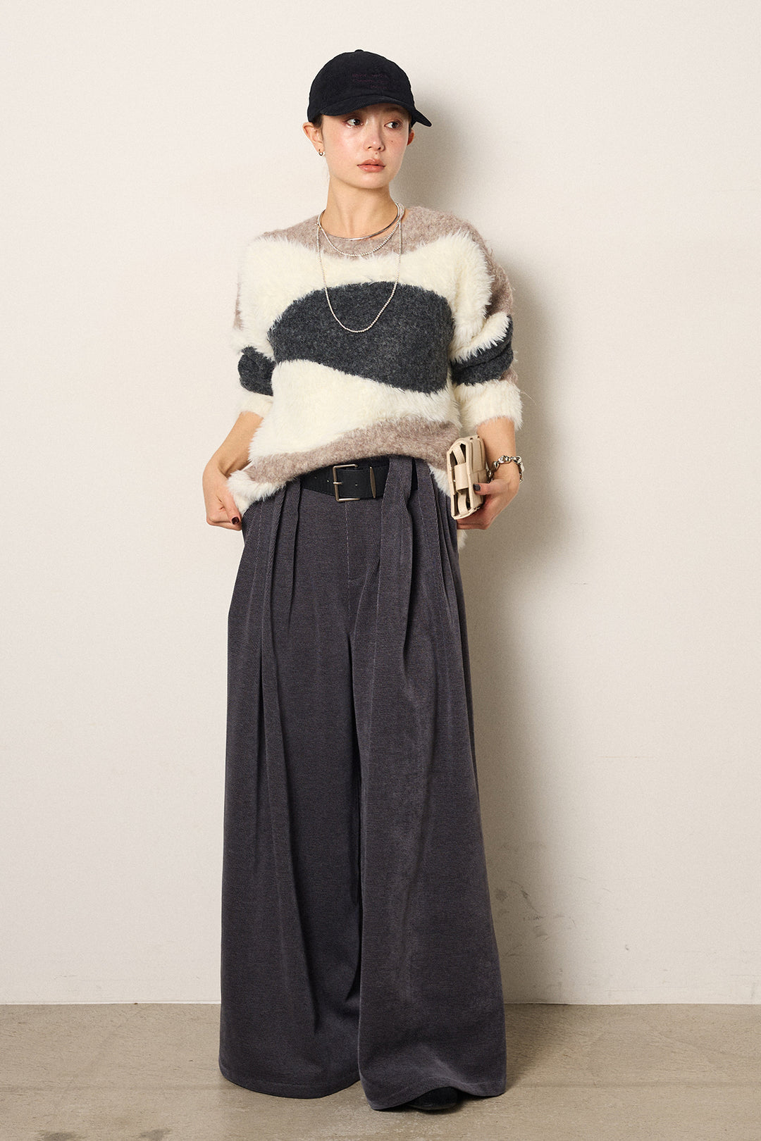 [SET]シャギーウェーブ柄クルーネックニットトップス+ベルトループコーデュロイワイドパンツ(2set)