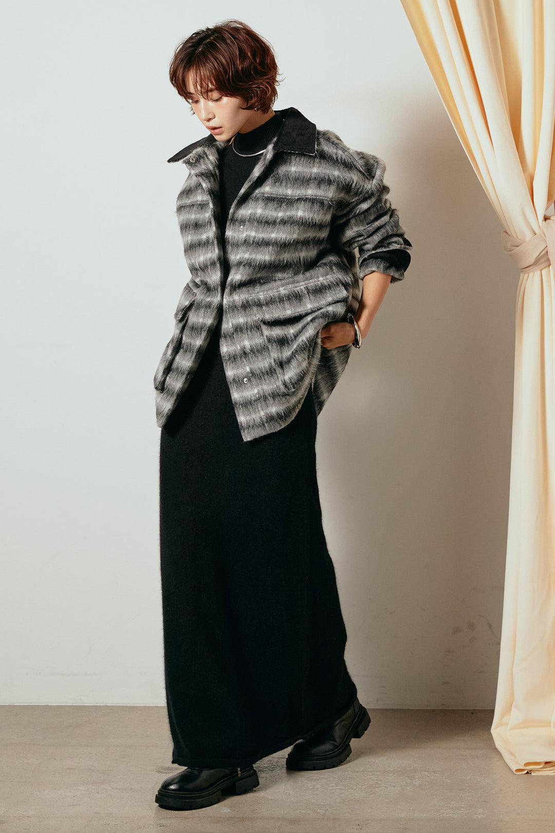 [SET]チェックシャギーミドルカバーオール+ノースリーブニットロングワンピース(2set)