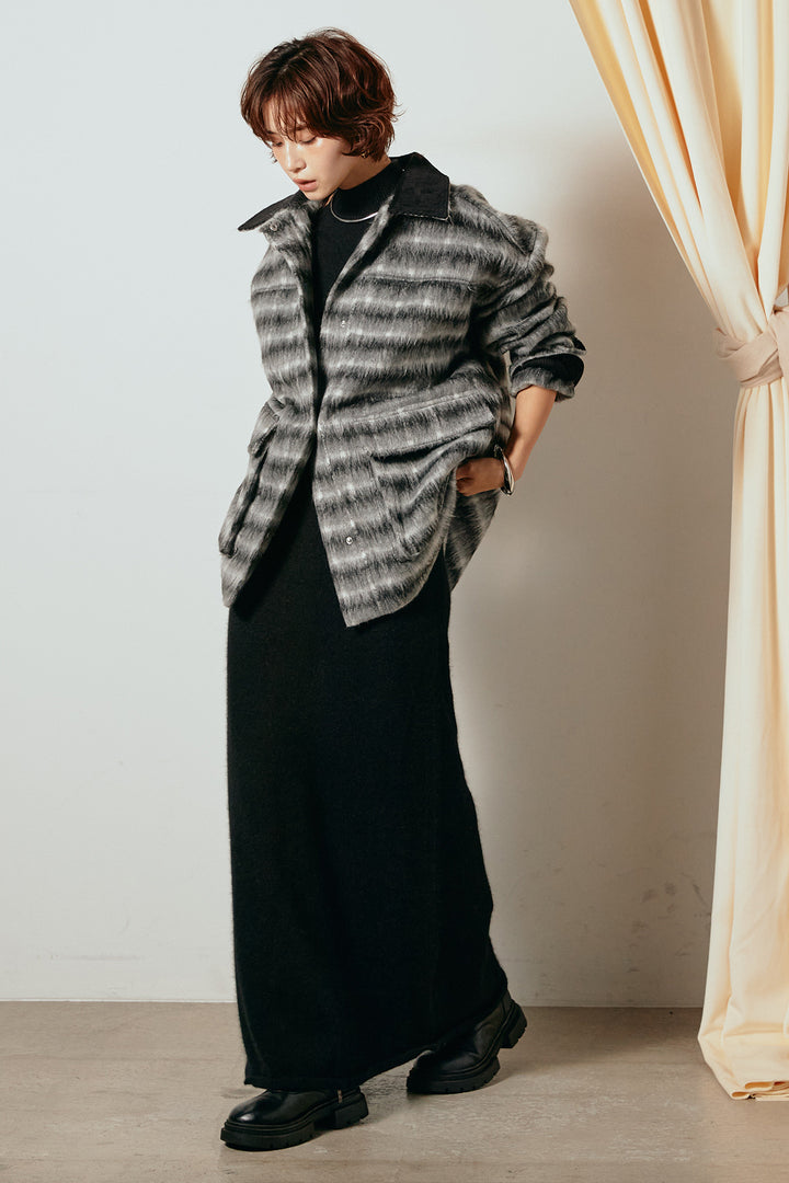 [SET]チェックシャギーミドルカバーオール+ノースリーブニットロングワンピース(2set)