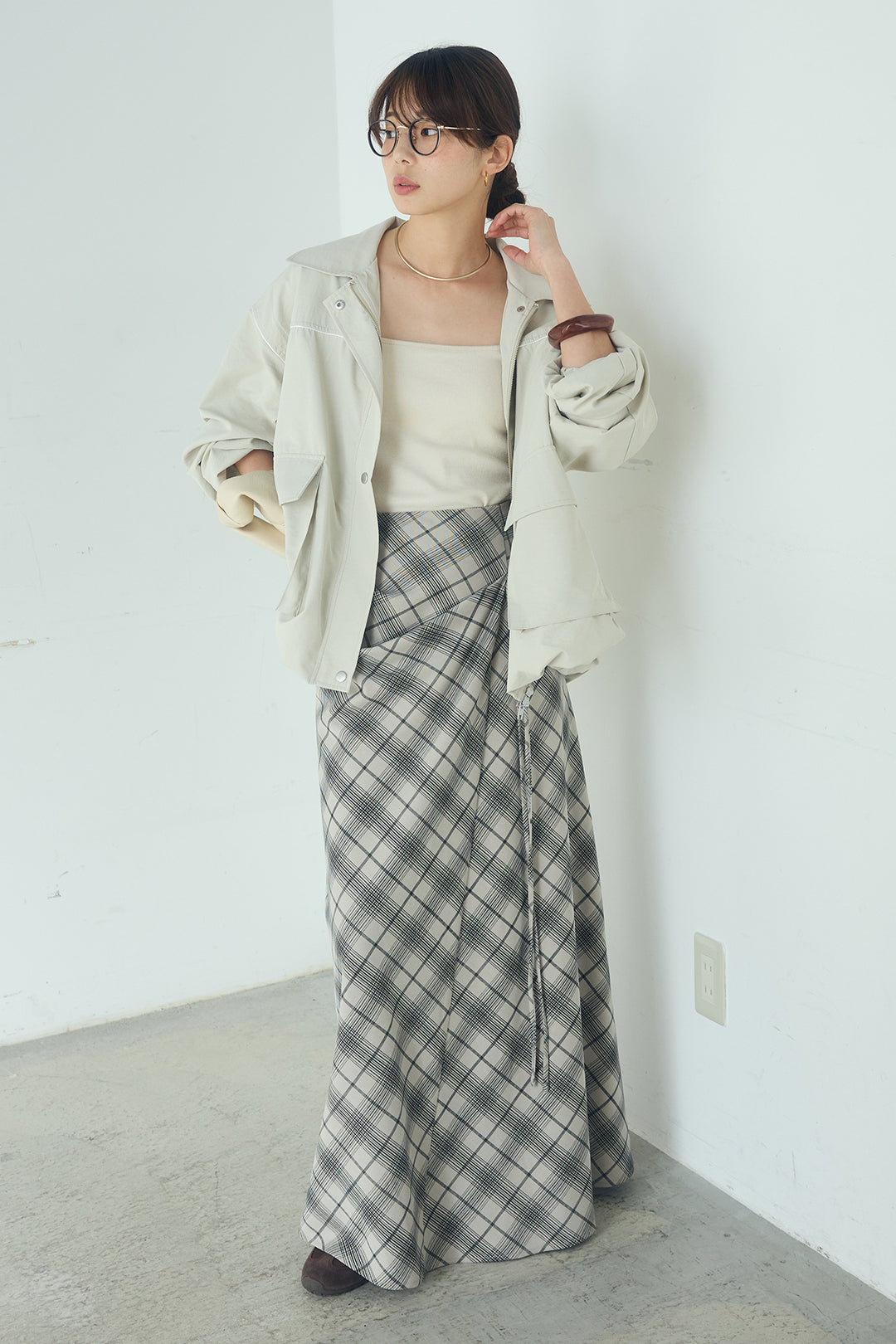 [SET]合繊ツイルバルーンジャケット+タータンチェック柄フロントデザインスカート(2set)