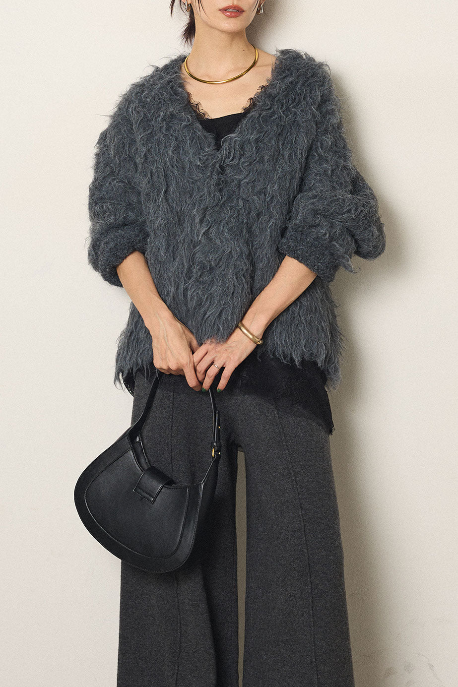 [SET]起毛シャギーニットカーディガン+レース切り替えキャミソール(2set)