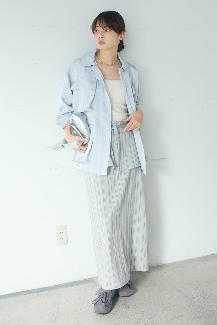 [SET]サテンライトブルゾン+ラップ巻きピンストライプワイドスカート(2set)