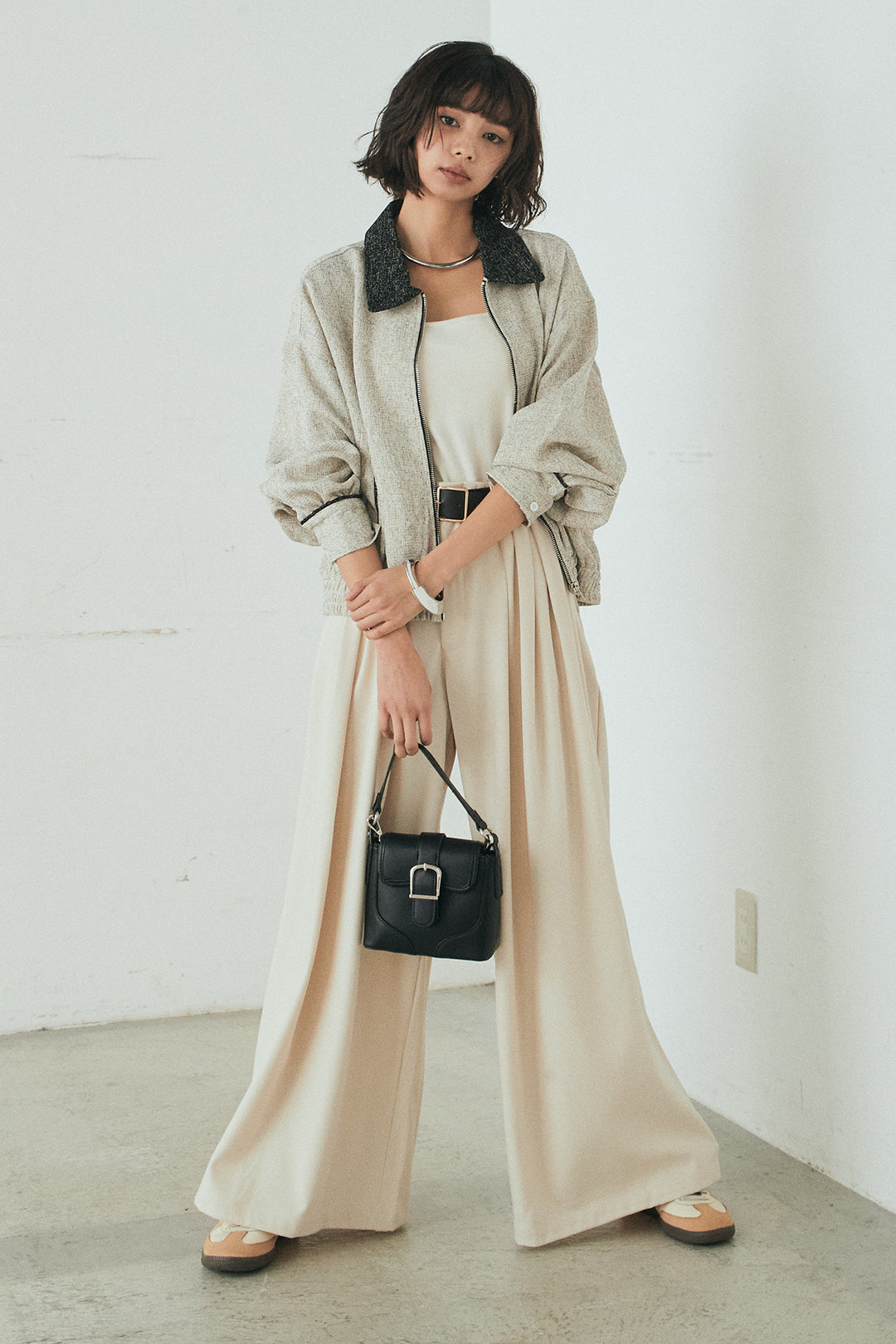 [SET]ツイード配色パイピングブルゾン+ベルト付きタックデザインハイウエストロングパンツ(2set)