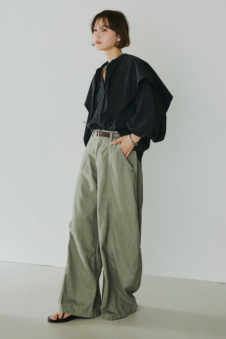 [SET]ケープカラーナイロンブラウス+サイドベルトカーブワイドパンツ(2set)